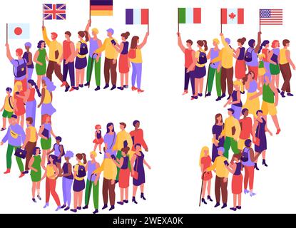 G7 countries people. Community holding flags of United Kingdom, Germany, Italy, France, Japan, Canada, and United States isometric vector illustration Stock Vector