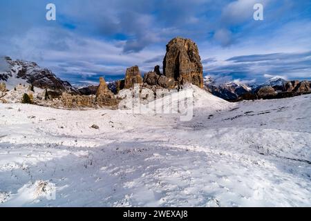 The rock formation Cinque Torri in winter, seen from the mountain hut Rifugio Scoiattoli. Cortina d Ampezzo Veneto Italy FB 2023 3475 Stock Photo