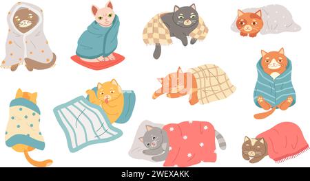 Cute cat sleeping under blanket. Cozy domestic kitten, adorable felines wrapped in blankets and enjoying peaceful slumber vector set Stock Vector
