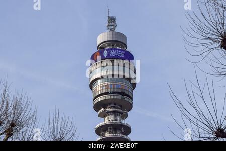 London, UK. 27th Jan, 2024. A message marking Holocaust Memorial Day is displayed on the BT Tower, commemorating the victims of the Holocaust in World War II. Credit: SOPA Images Limited/Alamy Live News Stock Photo