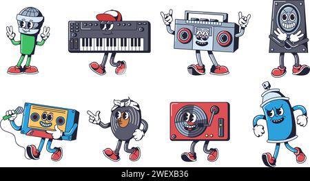 Hip hop music mascots. Beat-boxing microphone, synth keyboard, cassette rap mix tape and groovy vinyl record player vector characters set Stock Vector