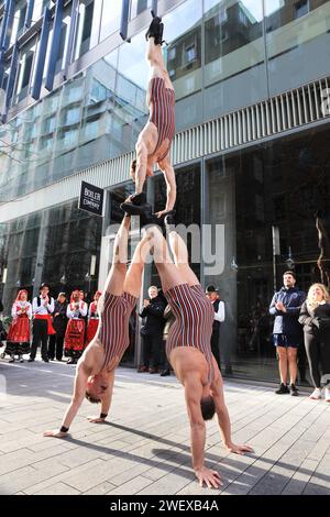 London, UK 27th January 2024. The Frost Fair behind Tate Modern, on Bankside, recreating London' s historical Fairs on the River Thames when it froze over, 24 times between 1605 to 1814,. All sorts of entertainment was provided with the acrobats proving popular. Credit : Monica Wells/Alamy Live News Stock Photo