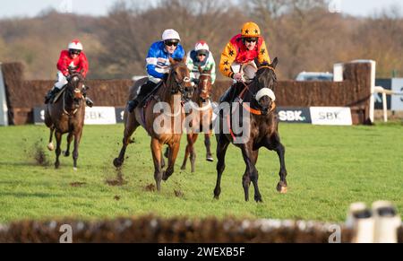 Doncaster Racecourse, Doncaster, United Kingdom, Saturday 27th January 2024; Kerryhill and jockey Brian Hughes win the Albert Bartlett River Don Novices Hurdle (Grade 2) for trainer Ruth Jefferson and owners the They Are Never At Home Partnership. Credit JTW Equine Images / Alamy Live News Stock Photo