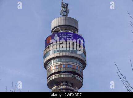 London, UK. 27th Jan, 2024. A message marking Holocaust Memorial Day is displayed on the BT Tower, commemorating the victims of the Holocaust in World War II. (Photo by Vuk Valcic/SOPA Images/Sipa USA) Credit: Sipa USA/Alamy Live News Stock Photo