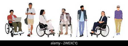 Diverse disabled people vector set on white. Stock Vector