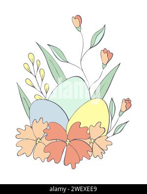 Easter eggs arranged among bright spring flowers for Happy Easter. Stock Vector