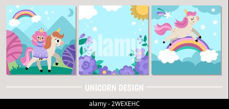 Vector square background with unicorn running above the rainbow under ...