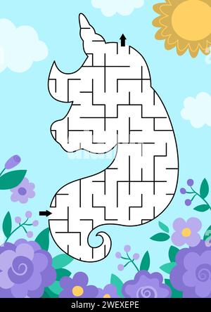 Unicorn geometrical maze for kids. Fairytale preschool printable activity shaped as horse head on spring garden background with purple flowers, sun, b Stock Vector