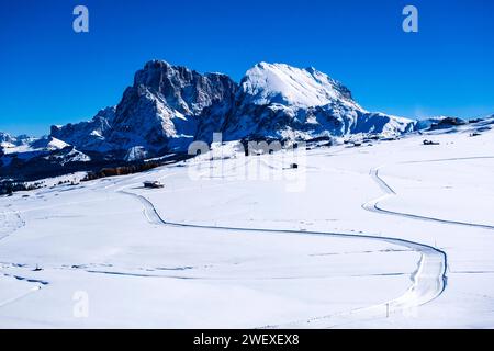 Cross country ski tracks on snow-covered pastures at Seiser Alm in winter, summits of Sassolungo and Sasso Piatto in the distance. Kastelruth Trentino Stock Photo