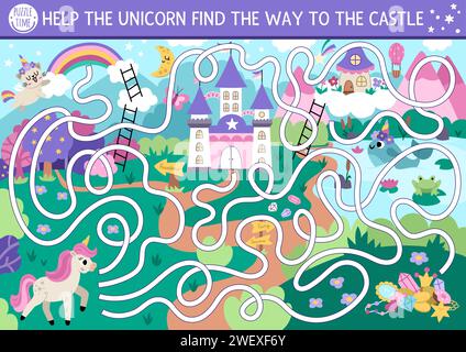 Unicorn maze for kids with fantasy country landscape, castle, fairy. Magic world preschool printable activity with treasures, rainbow, forest, path. F Stock Vector