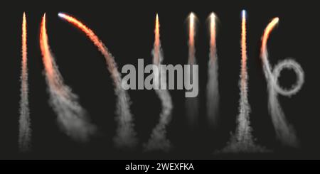 Rocket launch smoke tracks. Dynamic jet fly trails, plane engine cloud trace and flying rocket Fire track isolated vector illustration set Stock Vector