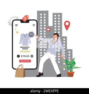 Online Shopping Concept. Man with shopping bags in the city. Vector illustration in flat style Stock Vector
