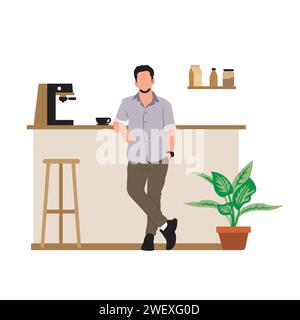 Coffee shop, barista with a cup of coffee. Vector illustration in flat style Stock Vector