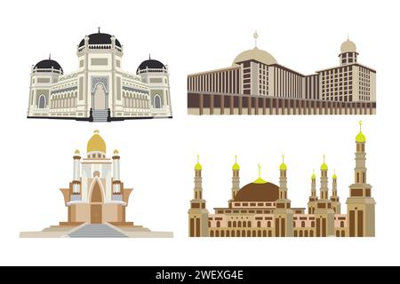 Set of famous mosque landmarks. Vector illustration isolated on white background. Stock Vector