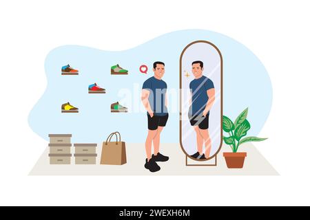 Vector illustration of a man looking at himself in the mirror. Flat style. Stock Vector