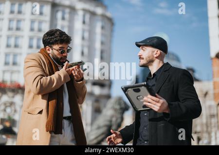 Dynamic image of two fashionable male professionals collaborating on work using digital devices outside, showcasing teamwork and mobility. Stock Photo