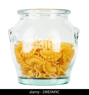 Dried macaroni cockerel scallops. Pasta in a glass jar isolated on a white background. File contains clipping path. Stock Photo