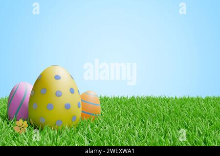 Easter eggs on a meadow in the grass. 3d rendering Stock Photo