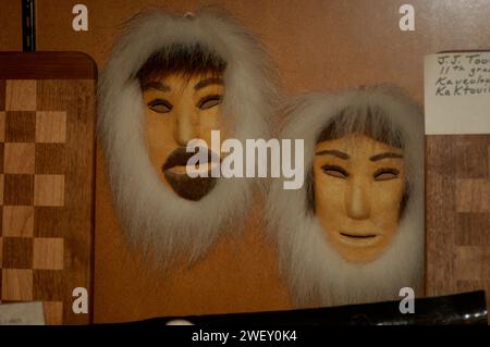 native inupiat masks made from marine animals on display in the Kaktovik school, Barter Island, 1002 coastal plain of the Arctic National Wildlife Ref Stock Photo