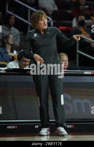 Washington State Cougars head coach Kamie Ethridge reacts against the Southern California Trojans during the second half of an NCAA college women's basketball game Friday, Jan. 26, 2024, in Los Angeles. USC defeated WSU 70-62. Stock Photo