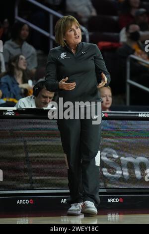 Washington State Cougars head coach Kamie Ethridge reacts against the Southern California Trojans during the second half of an NCAA college women's basketball game Friday, Jan. 26, 2024, in Los Angeles. USC defeated WSU 70-62. Stock Photo