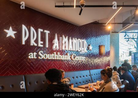 Pret A Manger at Southbank Centre in London, England, UK - people inside the sandwich and coffee shop Stock Photo