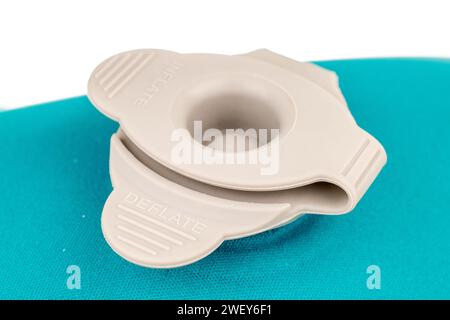Oxygen valve in an inflatable pillow, macro, isolated on white background. Stock Photo