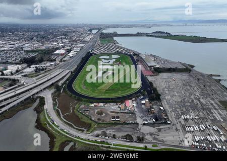 A general overall aerial view of the Golden Gate Fields horse racing track, Sunday, Dec. 31, 2023, in Berkeley, Calif. Stock Photo