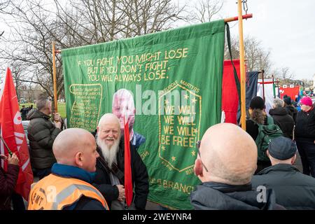 Cheltenham, UK. 27th January 2024. Protect the Right to Strike: National march and rally. Forming up at Montpellier Gardens, marching through Cheltenham City Centre to Pittville Park. Credit: Stephen Bell/Alamy Stock Photo