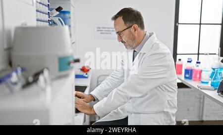 Concentrated middle-aged man with grey hair, immersed in groundbreaking science, harnesses computer power in the buzzing lab environment Stock Photo