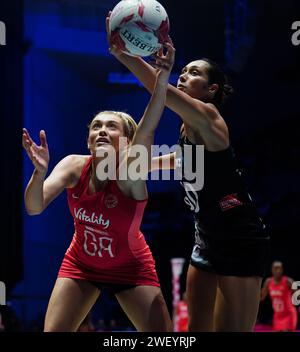 England's Helen Housby and New Zealand's Phoenix Karaka during the 2024 Vitality Netball Nations Cup match at the First Direct Arena, Leeds. Picture date: Saturday January 27, 2024. Stock Photo