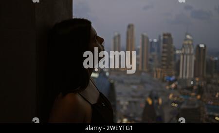 A contemplative young adult woman enjoys the dubai skyline from an observatory at dusk. Stock Photo