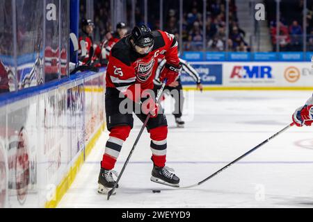 January 26th, 2024: Utica Comets forward Ryan Schmelzer (26) skates in the first period against the Rochester Americans. The Rochester Americans hosted the Utica Comets in an American Hockey League game at Blue Cross Arena in Rochester, New York. (Jonathan Tenca/CSM) Stock Photo