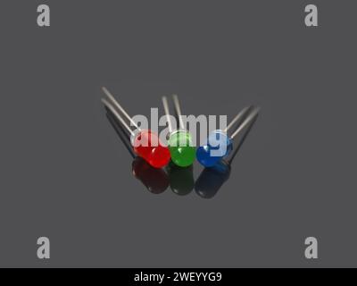 Red green blue leds. Isolated red-green-blue leds on a white. Light emitting diodes. RGB colors. 3 colors of RGB system. Stock Photo
