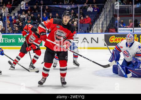 January 26th, 2024: Utica Comets forward Arnaud Durandeau (21) skates in the first period against the Rochester Americans. The Rochester Americans hosted the Utica Comets in an American Hockey League game at Blue Cross Arena in Rochester, New York. (Jonathan Tenca/CSM) Stock Photo