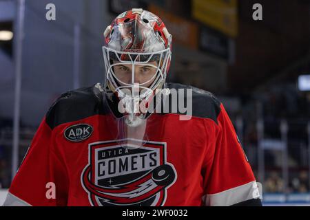 January 26th, 2024: Utica Comets goaltender Isaac Poulter (1) skates in the second period against the Rochester Americans. The Rochester Americans hosted the Utica Comets in an American Hockey League game at Blue Cross Arena in Rochester, New York. (Jonathan Tenca/CSM) Stock Photo