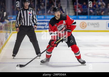 January 26th, 2024: Utica Comets defenseman Robbie Russo (5) skates in the first period against the Rochester Americans. The Rochester Americans hosted the Utica Comets in an American Hockey League game at Blue Cross Arena in Rochester, New York. (Jonathan Tenca/CSM) Stock Photo