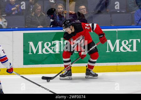 January 26th, 2024: Utica Comets forward Brian Halonen (24) skates in the third period against the Rochester Americans. The Rochester Americans hosted the Utica Comets in an American Hockey League game at Blue Cross Arena in Rochester, New York. (Jonathan Tenca/CSM) Stock Photo