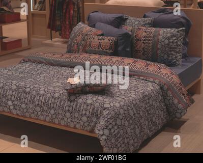 Brussels, Belgium. 26nd Jan, 2024. Big mall Supermarket near Roger metro station. Photo of a bed in a store. Demonstration bed linen Stock Photo