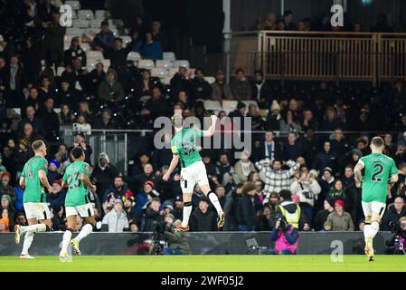 Newcastle United's Sean Longstaff celebrates scoring their side's first goal of the game during the Emirates FA Cup fourth round match at Craven Cottage, London. Picture date: Saturday January 27, 2024. Stock Photo