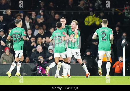 Newcastle United's Sean Longstaff celebrates scoring their side's first goal of the game during the Emirates FA Cup fourth round match at Craven Cottage, London. Picture date: Saturday January 27, 2024. Stock Photo