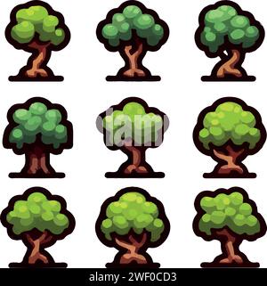 Fantasy green trees set of different shapes for user interface video ...