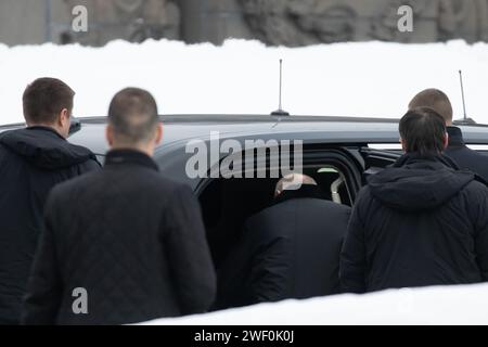 St. Petersburg, Russia. 27th Jan, 2024. Russian President Vladimir Putin, leaves after the solemn mourning ceremony of laying wreaths and flowers at the Motherland monument, honored the memory of the victims of the siege of Leningrad at the Piskarevskoye memorial cemetery. St. Petersburg celebrates an important historical date - 80 years since the complete liberation of Leningrad from the fascist blockade. (Photo by Artem Priakhin/SOPA Images/Sipa USA) Credit: Sipa USA/Alamy Live News Stock Photo