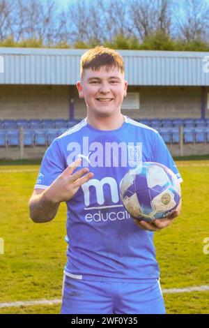 Heather, Leicestershire, Untied Kingdom, 27 January 2024:Heather St Johns Striker celebrating scoring a hat trick in Heather St Johns 5-0 victory over Chelmsley Town in the Midland League Division 1 on 27 January 2024. Credit: Clive Stapleton/Alamy Live News Stock Photo