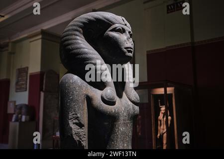 Cairo, Egypt - January 2, 2024: Black granite statue of Queen Nofret, in Egyptian Museum Stock Photo