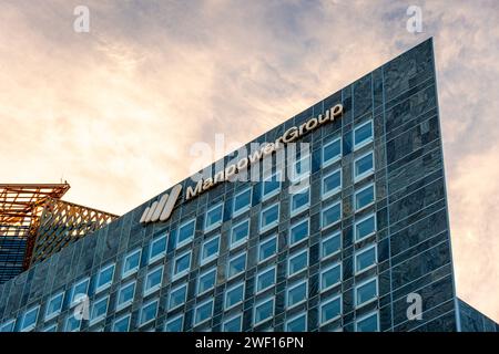 Facade of the headquarters of Manpower France, a subsidiary of the multinational company Manpowergroup located in Paris - La Defense Stock Photo