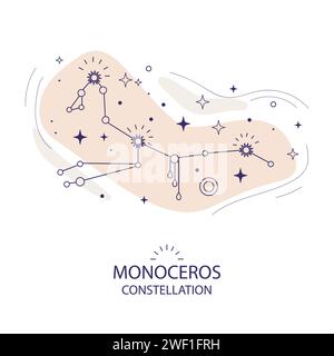 Constellation of stars Monoceros or Unicorn, astrological forecast, magic Astrology, vector illustration on white. Magic astrology banner, tarot backg Stock Vector