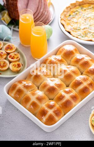Hot cross buns in a baking pan, recipe idea for Easter brunch or breakfast Stock Photo