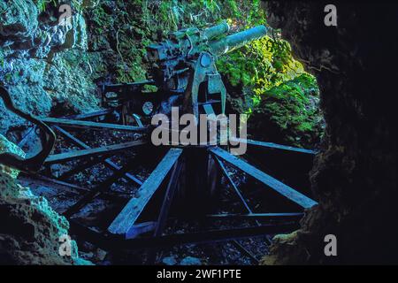 WW2 Japanese cannon mounted in a cave entrance, Battle of Peleliu 1944. Peleliu, Palau Islands, Micronesia. Stock Photo