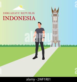 Vector illustration of a man standing in front of Padang Tower. Stock Vector